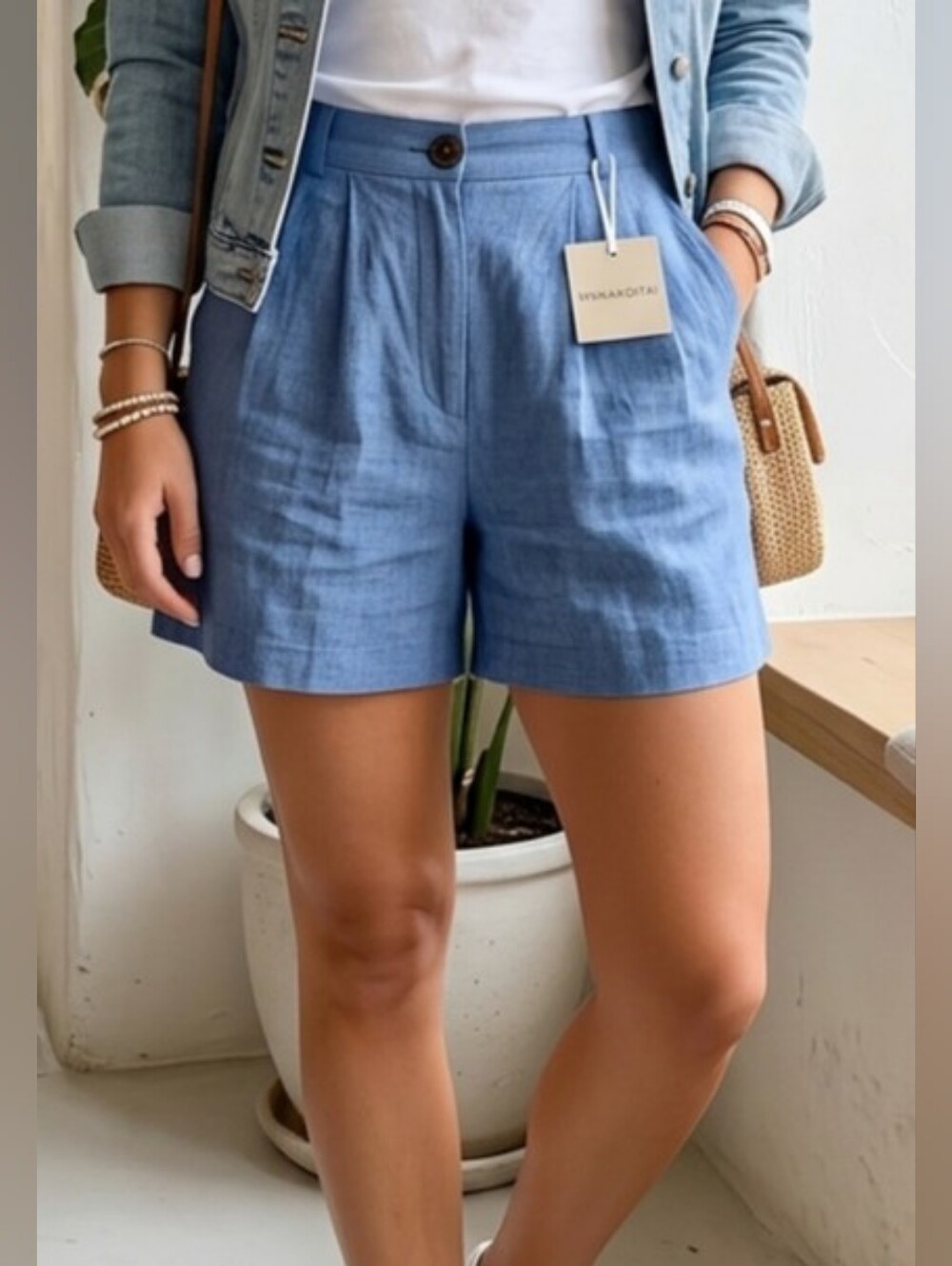 100 % Linen Casual High-Waist Blue Women’s Shorts
